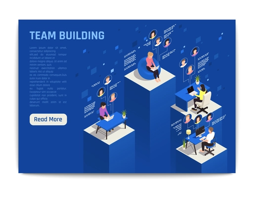 Online virtual team building isometric background with remote working people surfing web with text and button vector illustration