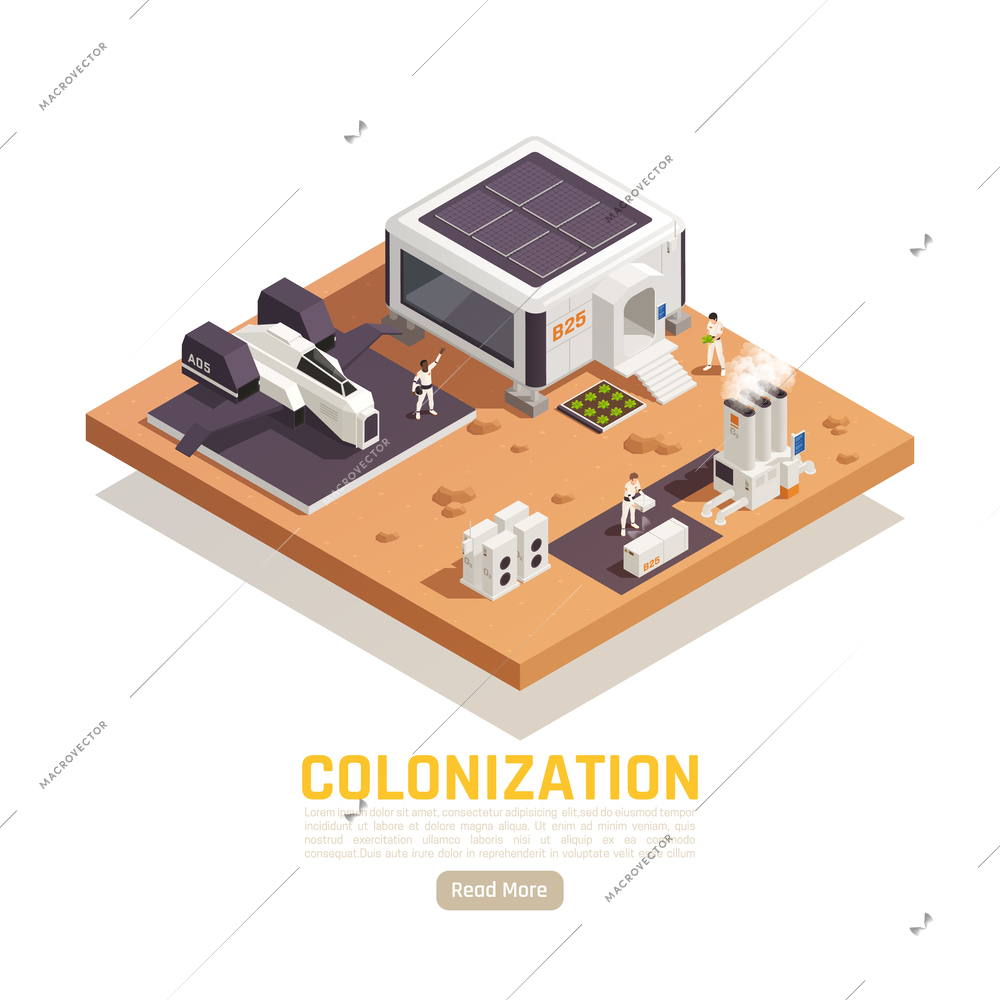 Space colonization terraforming isometric background with buildings on planet surface and human characters with flying vehicle vector illustration