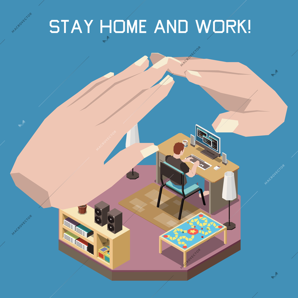 Stay at home and work concept with remote online work symbols isometric  vector illustration