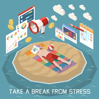 Stress management and relaxation concept with break from stress symbols isometric vector illustration