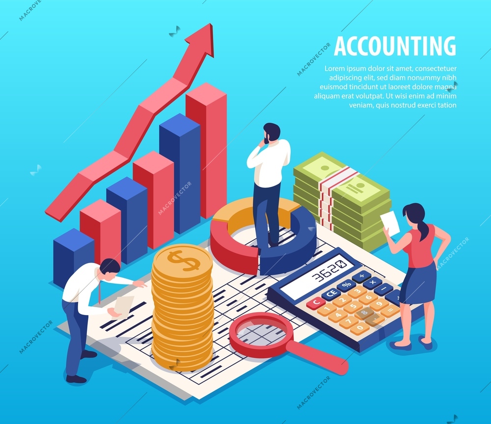 Accounting isometric composition with bookkeepers business planning service standing on financial reports magnifier calculator cash vector illustration