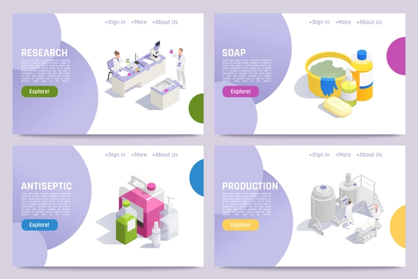 Sanitizing production banners set with soap antiseptic and scientists doing research 3d isometric isolated vector illustration