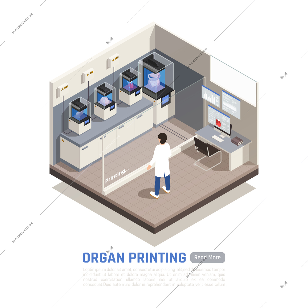 Man watching process of human organs 3d printing isometric composition vector illustration