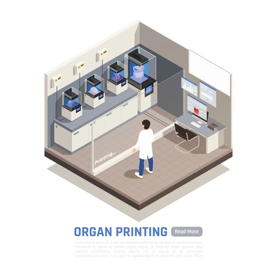 Man watching process of human organs 3d printing isometric composition vector illustration