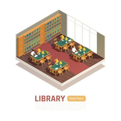 High school library interior and students reading books 3d isometric vector illustration