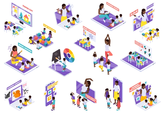 Home study big isometric set with kindergarten gym  nature arithmetic drawing reading distant learning online vector illustration