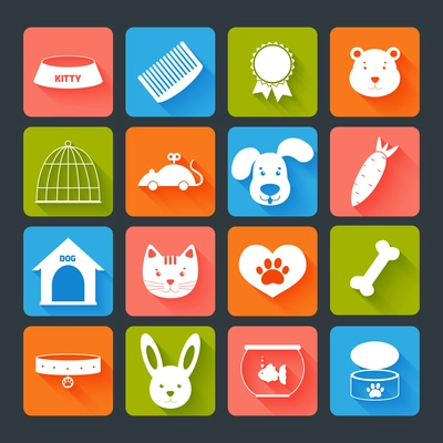 Pets icons set flat with animal food toy isolated vector illustration