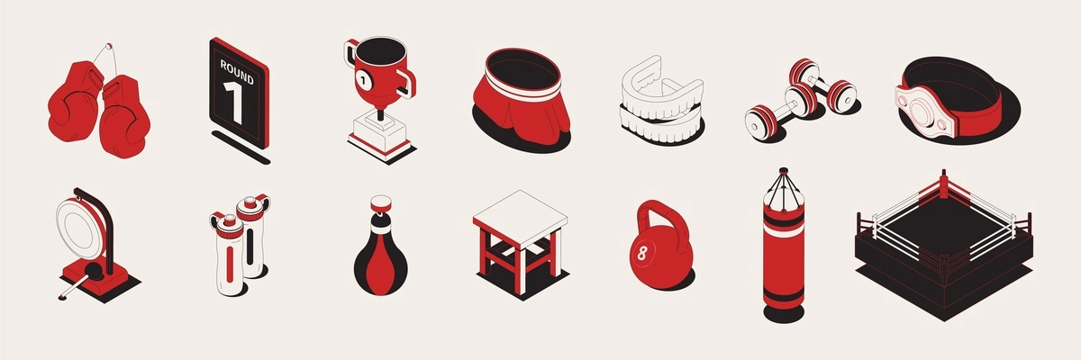 Boxing set with isometric icons and isolated images of sport equipment with trophies and gymnastic apparatus vector illustration