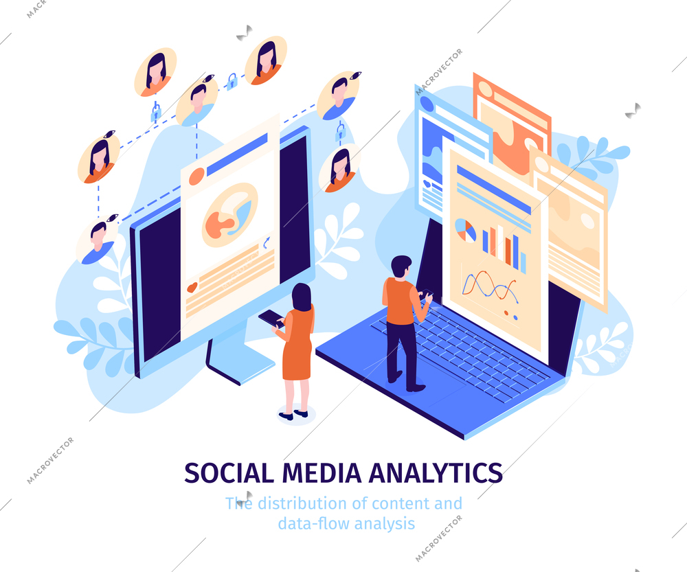 Isometric social media illustration with social media analytic headline and viewing content vector illustration