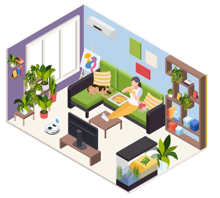 Staying home watching tv with pets eating pizza on sofa isometric living room interior vector illustration