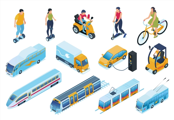 Electric transport isometric set with car and bike symbols isolated vector illustration