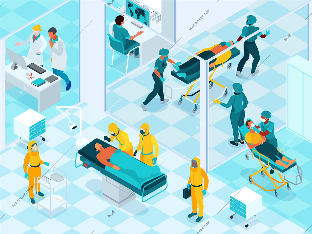 Infectious disease isometric composition with virus treatment symbols vector illustration