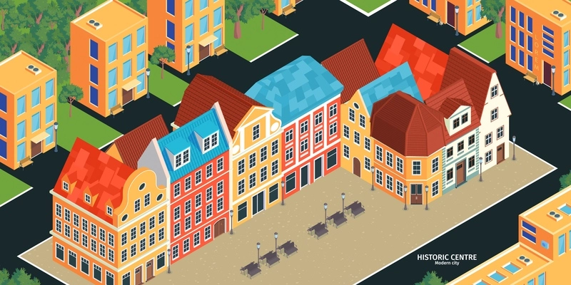 Colored and isometric old town horizontal composition with historic centre modern city headline vector illustration