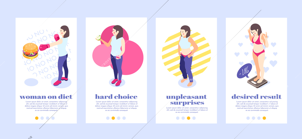 Woman on diet vertical banners set with isometric images female characters text and page switch buttons vector illustration