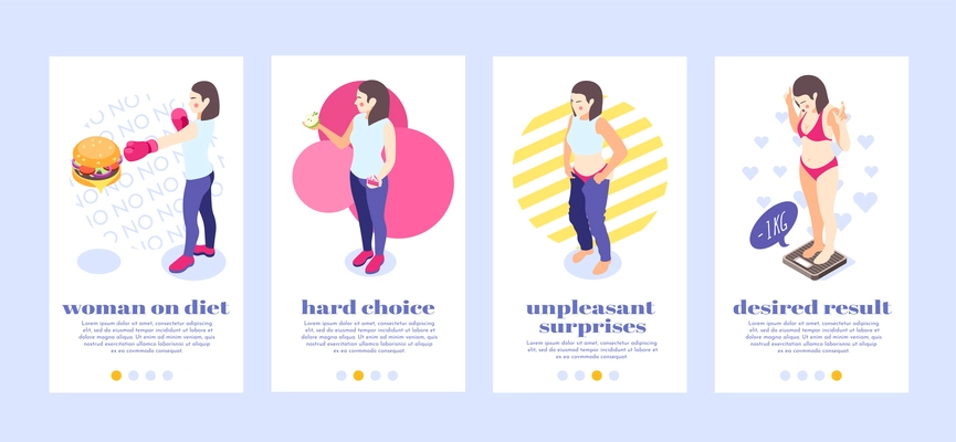 Woman on diet vertical banners set with isometric images female characters text and page switch buttons vector illustration