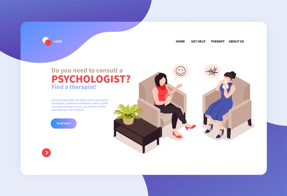 Isometric psychologist concept banner for website with clickable links text and images of mental therapy meeting vector illustration