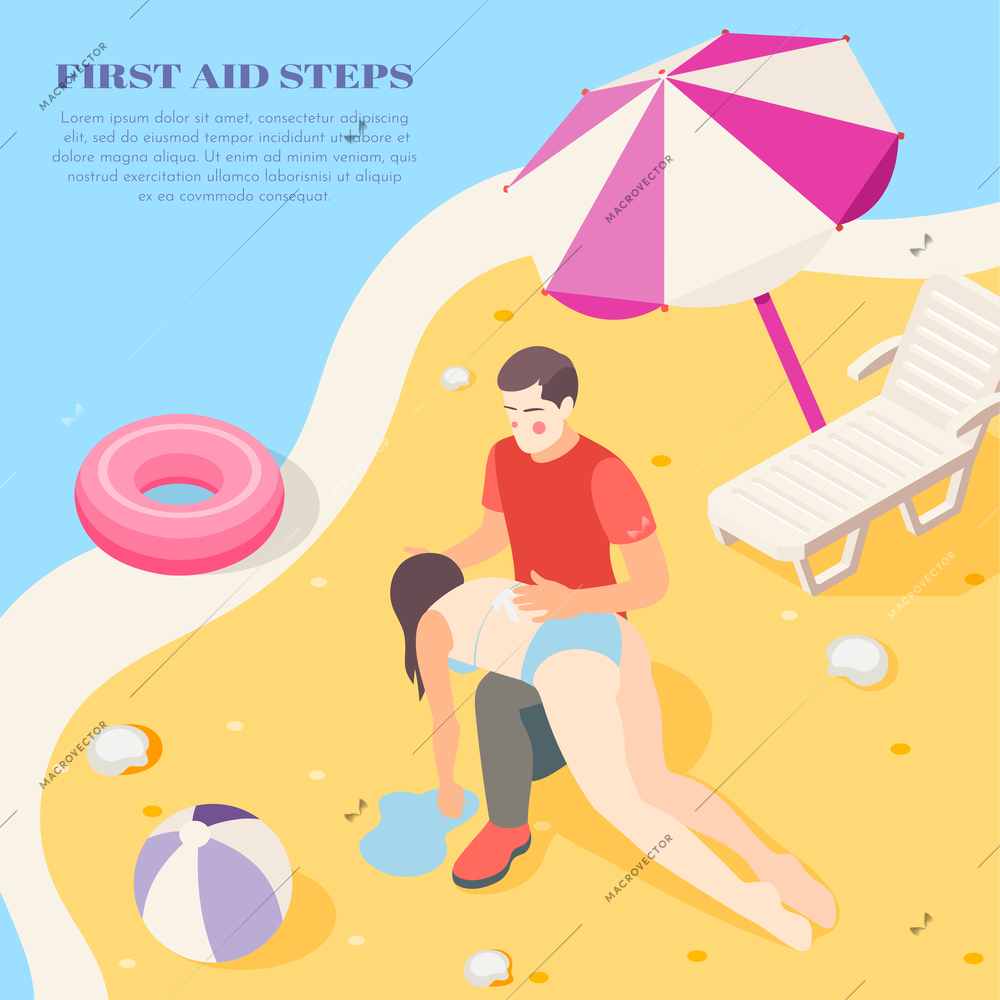 Reviving drowning victim on beach using first aid steps treatment info isometric background composition vector illustration