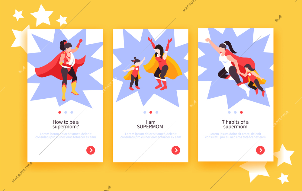 Isometric super mom vertical banners set with mother and child characters in superhero costumes and text vector illustration