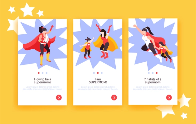 Isometric super mom vertical banners set with mother and child characters in superhero costumes and text vector illustration