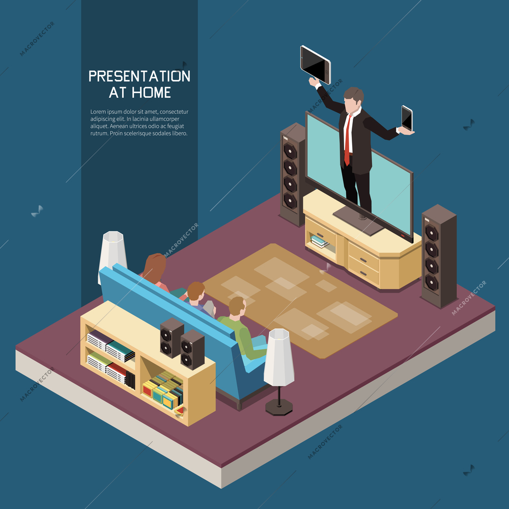 Presentation at home concept with online technology symbols isometric vector illustration