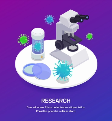 Vaccination isometric background with editable text and icons of microscope and test tube with virus images vector illustration