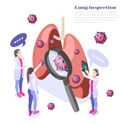 Lung inspection concept with virus and infection symbols isometric vector illustration