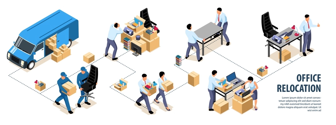 Isometric office move infographics with images of people with boxes and van combined in flowchart composition vector illustration