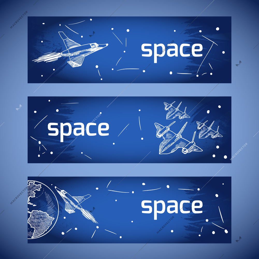 Aircraft space military vehicles flying around the globe hand drawn icon banners set vector illustration