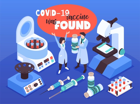 Isometric vaccination coronavirus composition with happy doctor characters laboratory equipment and covid-19 vaccine tube images vector illustration