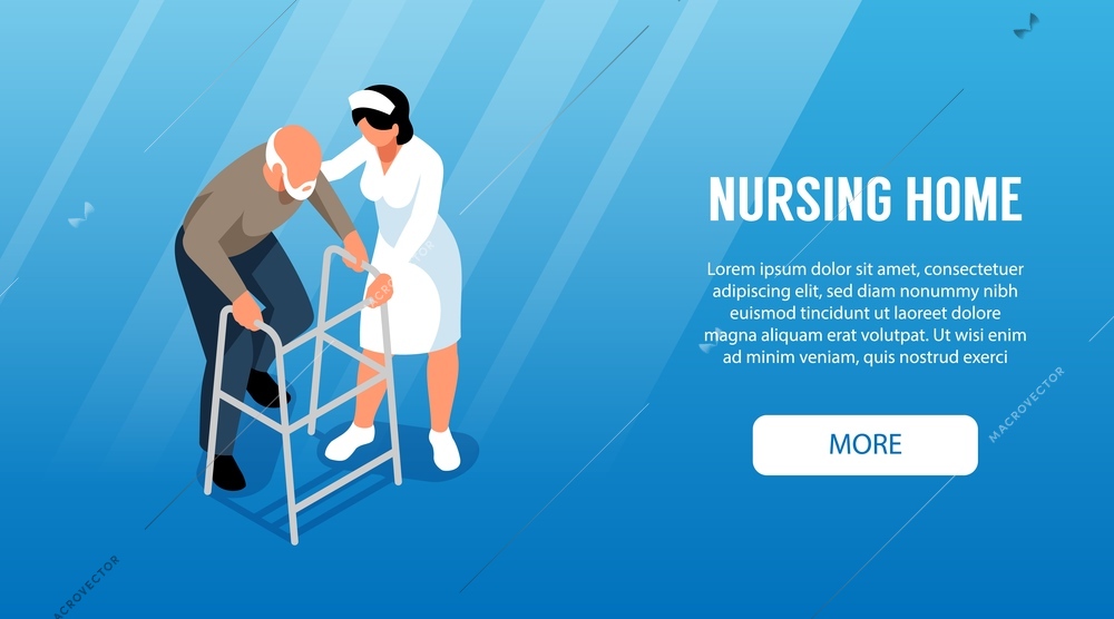 Isometric nursing home horizontal banner with more button text and characters of old man and assistant vector illustration