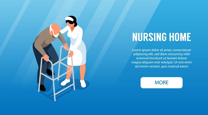 Isometric nursing home horizontal banner with more button text and characters of old man and assistant vector illustration