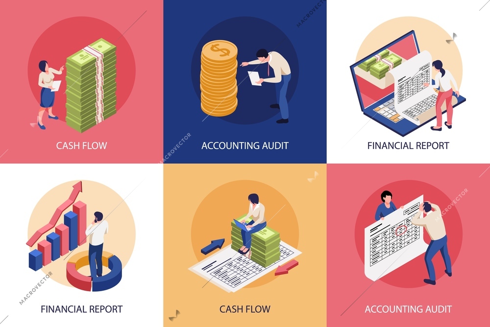 Isometric accounting design concept 3x2 set of square compositions with financial icons and characters of accountants vector illustration