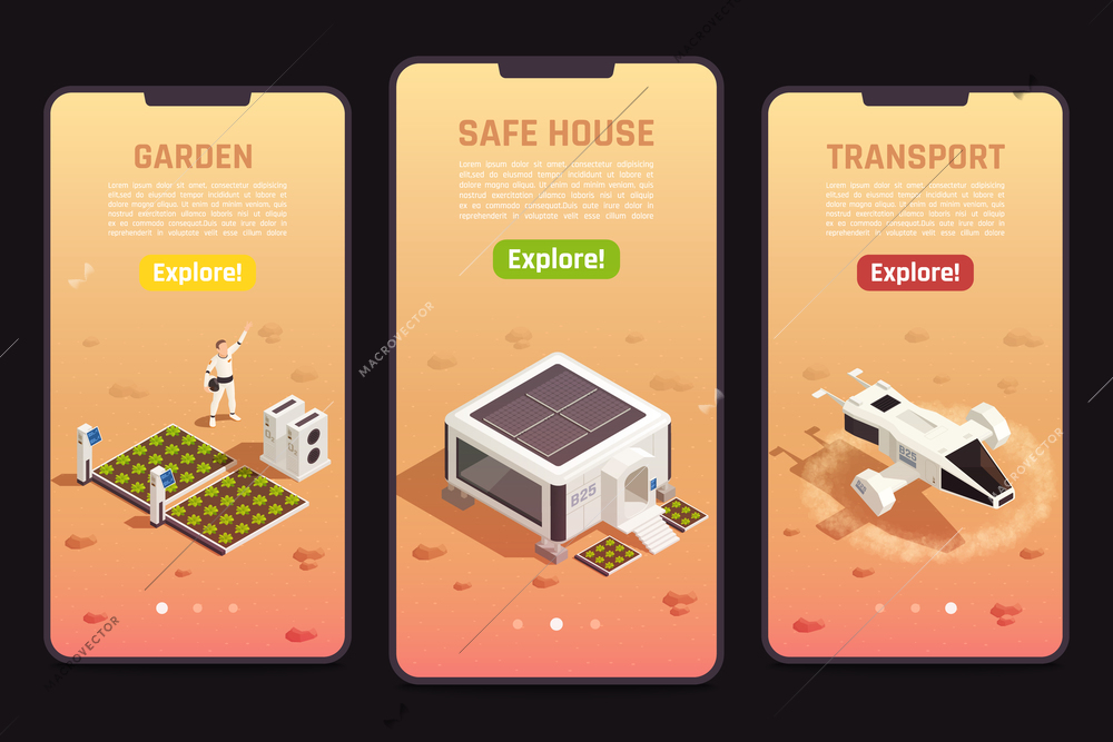 Isometric set of space colonization templates with astronaut safe house garden and drone for exploration 3d isolated vector illustration