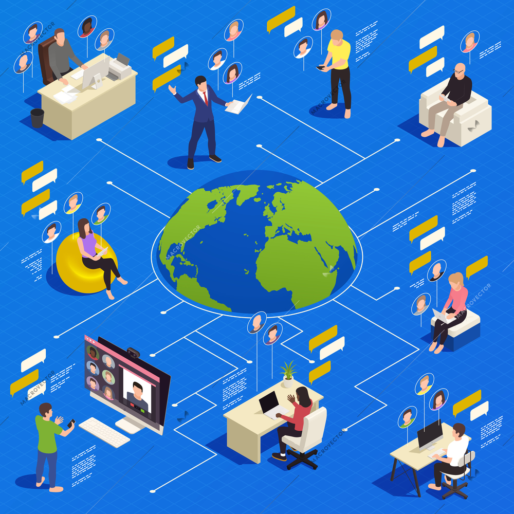 Virtual team building isometric flowchart with people communicating and working together online 3d vector illustration