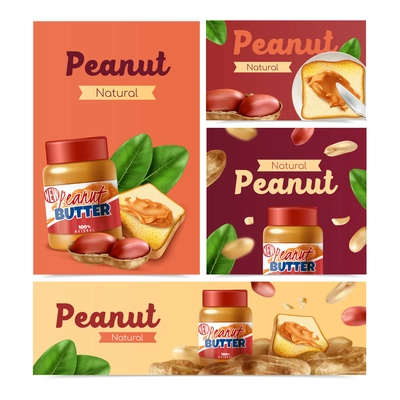 Peanut realistic banners set with whole nuts and  snacks with peanut butter vector illustration