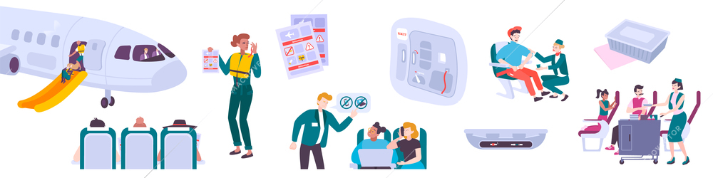 People in air flight flat icons set of passenger sitting in chairs of airplane cabin and stewards   providing assistance isolated vector illustration