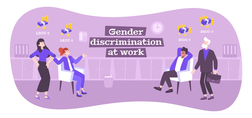 Discrimination work flat composition with editable text male and female characters with icons of different salaries vector illustration