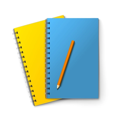 Realistic blue and yellow notepads and pencil isolated on white background vector illustration