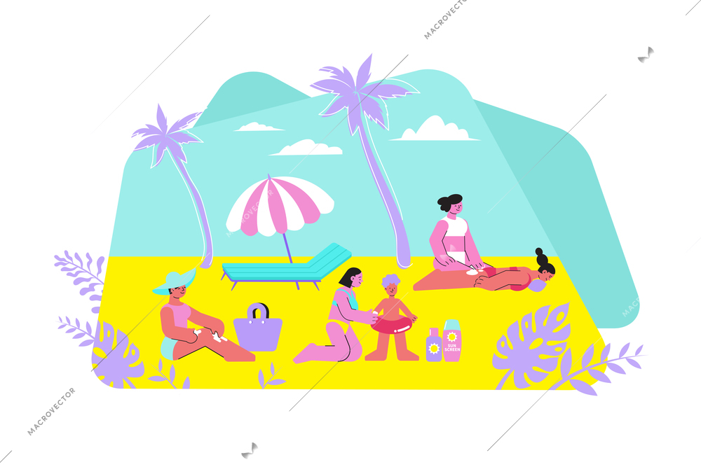 Sun protection cream flat composition with tropical sandy beach outdoor landscape and people with protective cream vector illustration