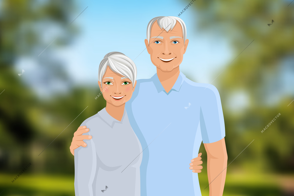 Old senior people family couple half-length portrait on outdoor background vector illustration.