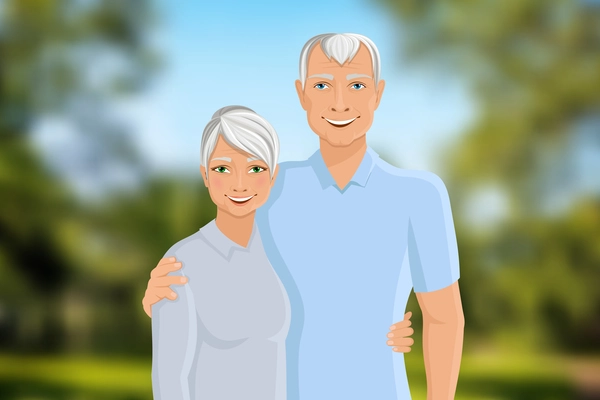 Old senior people family couple half-length portrait on outdoor background vector illustration.