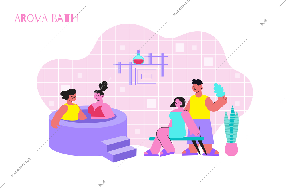 Aroma bath flat composition with text and indoor view of bathroom with jaccuzi and human characters vector illustration