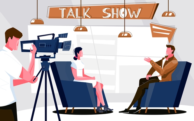 Talk show flat composition with indoor scenery of television studio with tv host guest and cameraman vector illustration