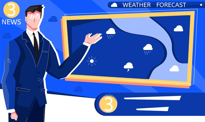 Weather forecast flat composition with character of tv host with screen channel name and editable text vector illustration