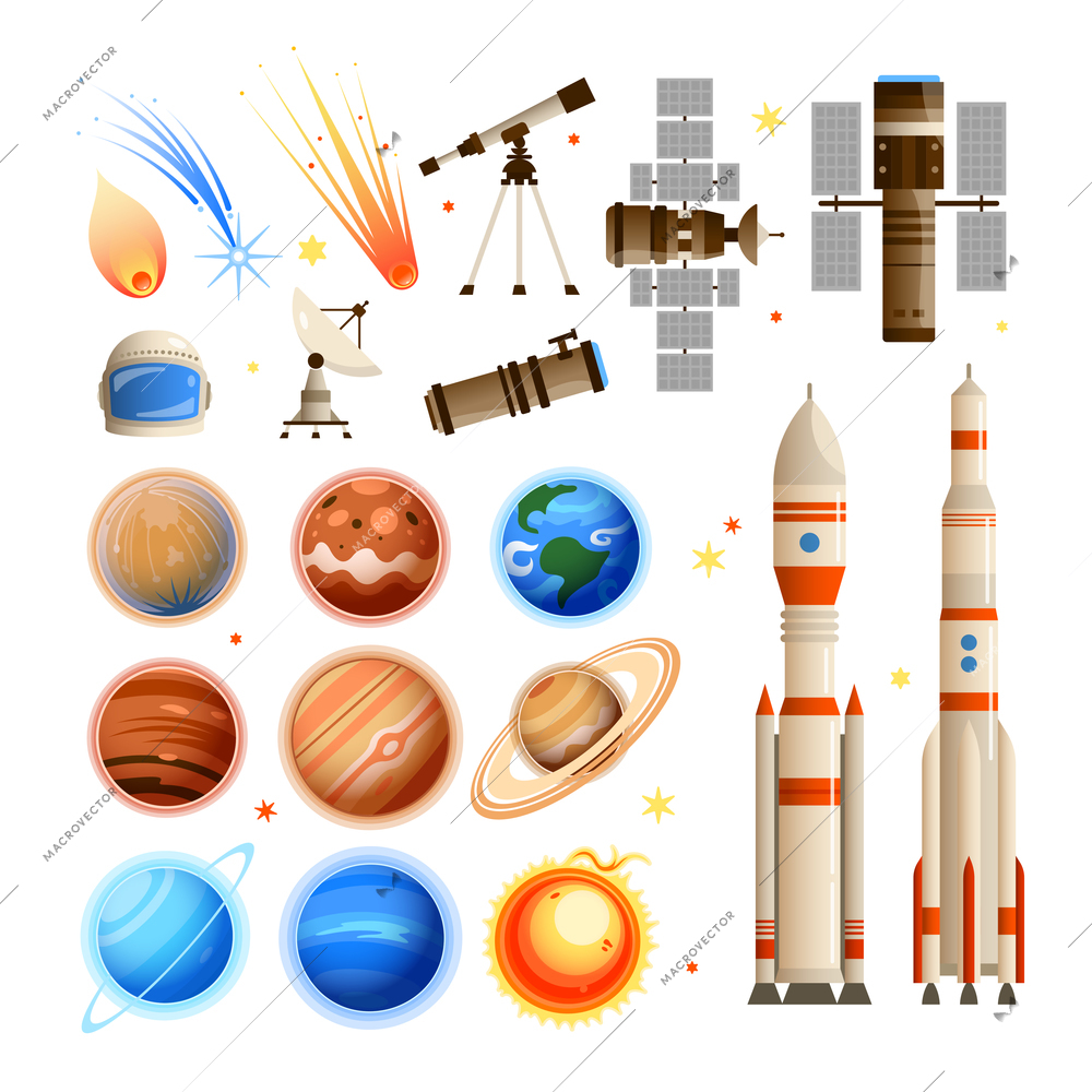 Space set with isolated icons and images of planets falling stars and orbital stations with rockets vector illustration