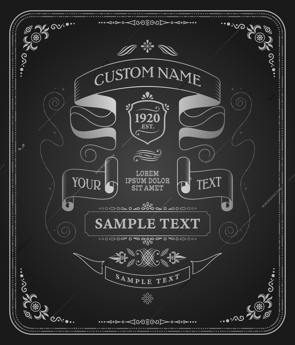 Retro vintage design chalkboard vertical composition with ornate frame and editable text with decorative ribbons vector illustration