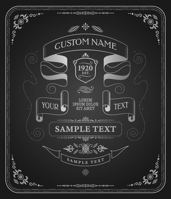 Retro vintage design chalkboard vertical composition with ornate frame and editable text with decorative ribbons vector illustration
