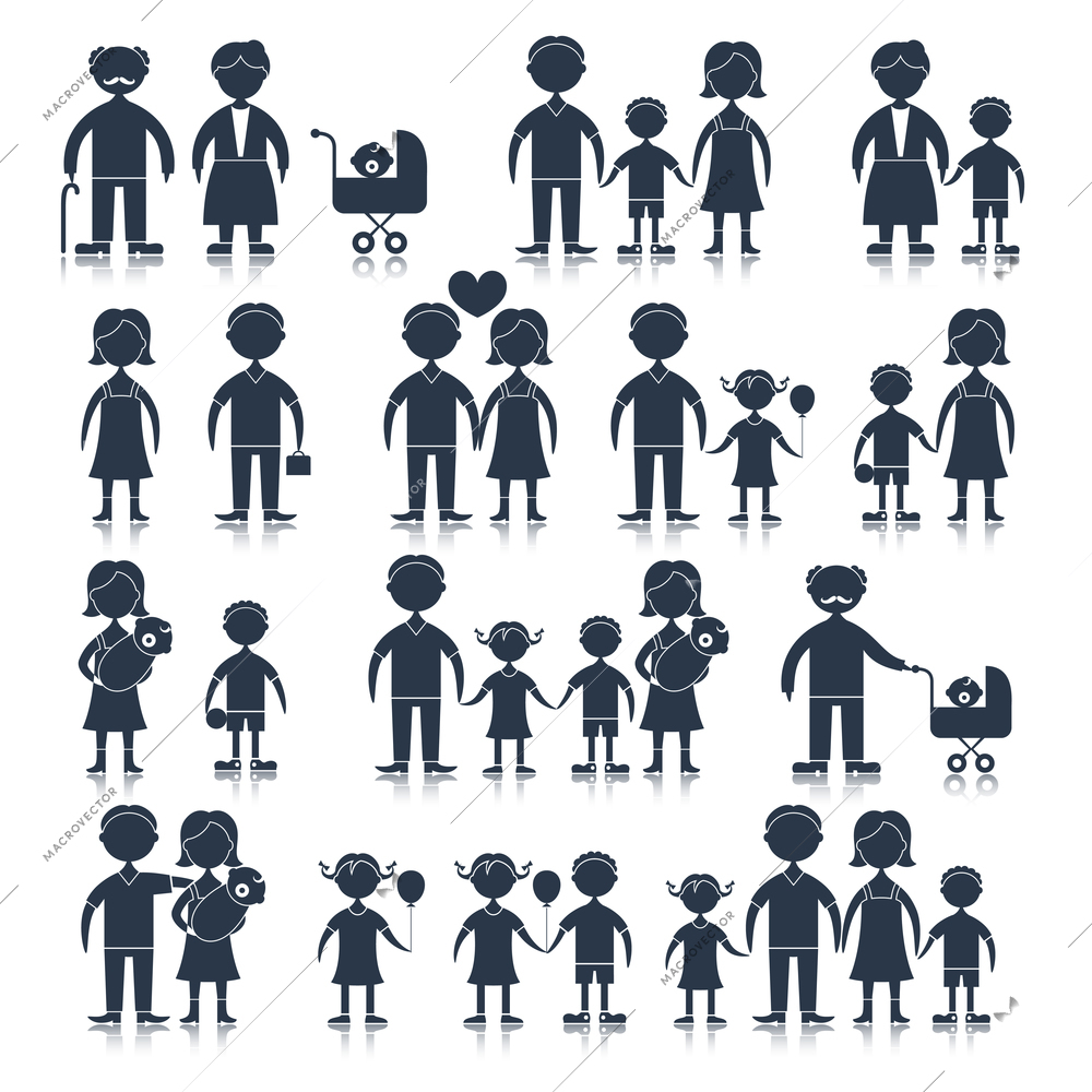 Family figures icons black set of men women children isolated vector illustration