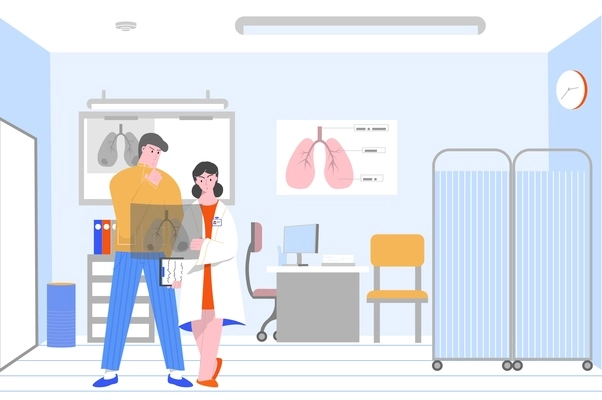 Smoking unhealthy lungs cancer flat composition with clinic scenery and doctor showing xray film to patient vector illustration