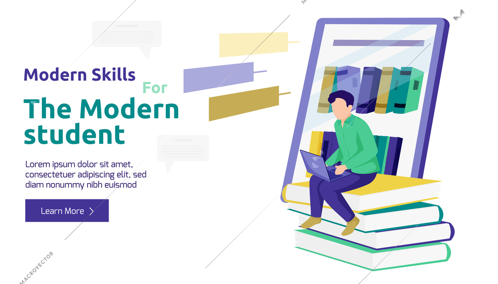 Flat background with modern male student studying with laptop and books vector illustration